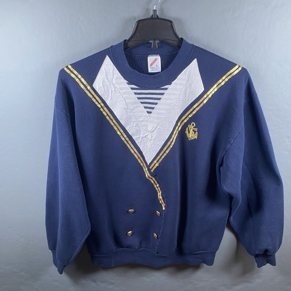 Jerzees Sweatshirt Unisex Size L Navy Nautical Anchor Long Sleeve Vintage